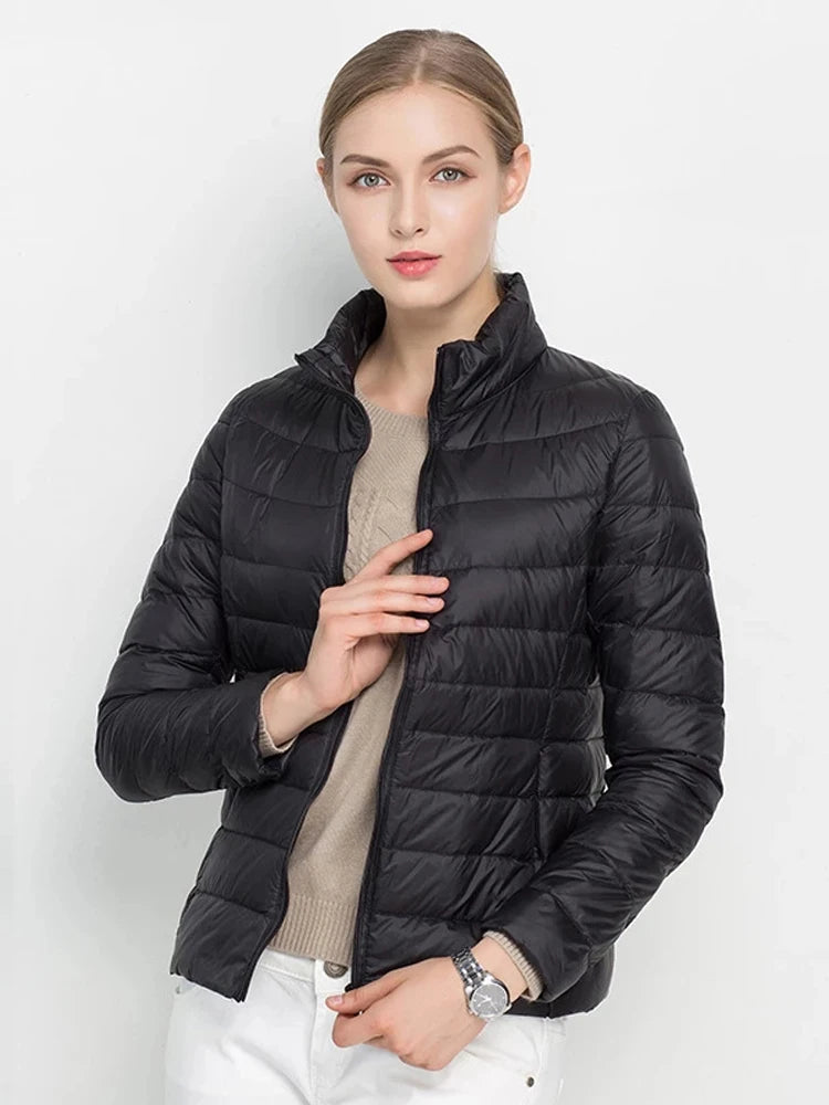 Abrigo de invierno para mujer, chaqueta de plumón de pato blanca ultraligera, chaqueta acolchada de invierno ajustada para mujer, abrigo portátil a prueba de viento 7XL 2023