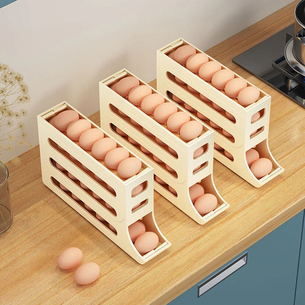 Rejilla para huevos con desplazamiento automático, caja de almacenamiento, contenedor de cesta para huevos, organizador enrollable, dispensador de huevos para refrigerador para Cocina