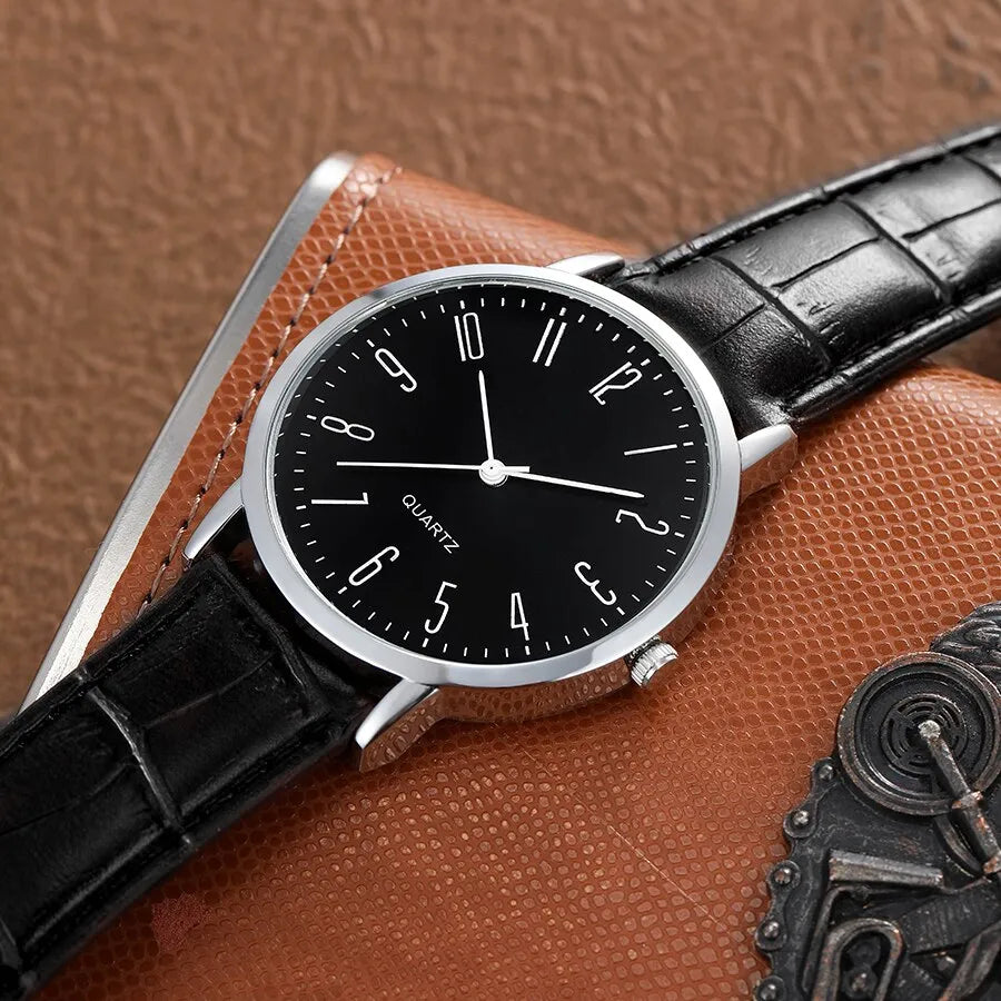 5pcs Black Quartz Watches Bracelet Men Business Casual Round Watch Life Tree PU Leather Bracelets Sets