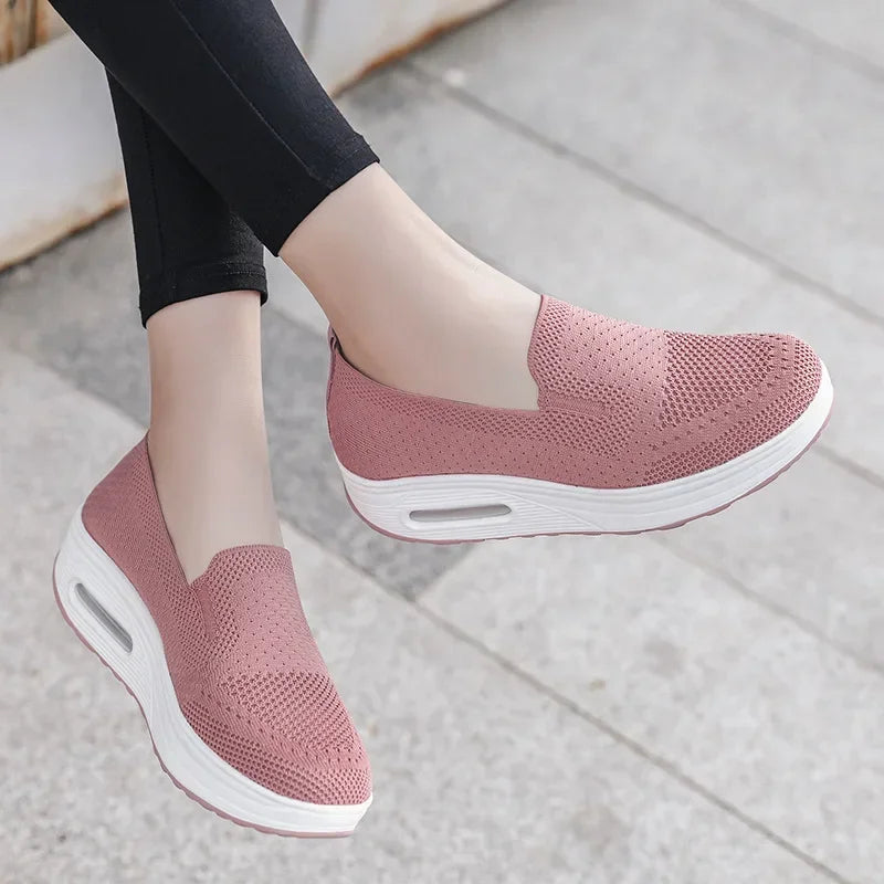 Zapatos planos de tenis para caminar para mujer, zapatillas deportivas transpirables informales con cojín de aire ligero, zapatillas elásticas para correr