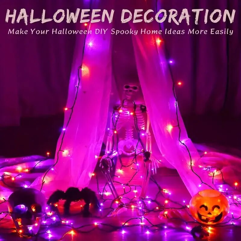 39ft 100LED violet et orange, lumières vertes d'Halloween, guirlandes lumineuses d'Halloween 8 modes lumières extérieures imperméables pour la décoration