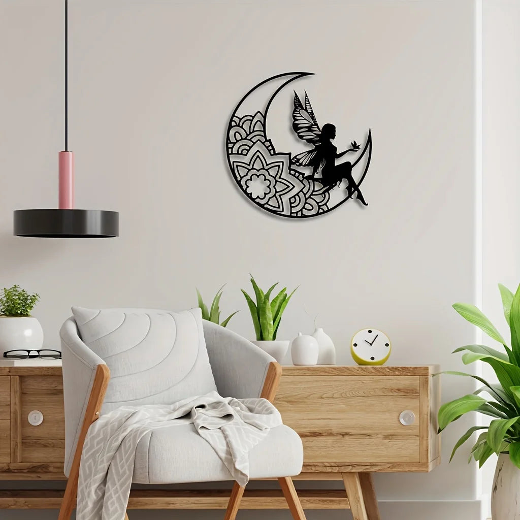 1 plaque en métal représentant une fée de la lune, décoration murale en métal, silhouette creuse en 3D pour chambre, décoration extérieure de la maison, décoration amusante