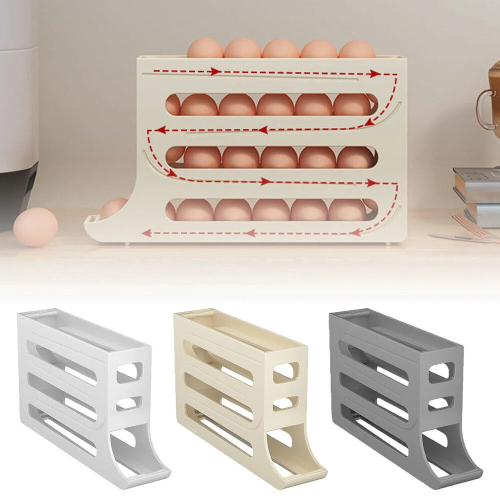 Rejilla para huevos con desplazamiento automático, caja de almacenamiento, contenedor de cesta para huevos, organizador enrollable, dispensador de huevos para refrigerador para Cocina