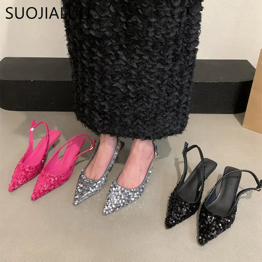 SUOJIALUN 2023 New Bling Women Sandal Fashion Pointed Toe Shallow Slip On Ladies Elegant Slingback Shoes Med Heel Pumps Shoes