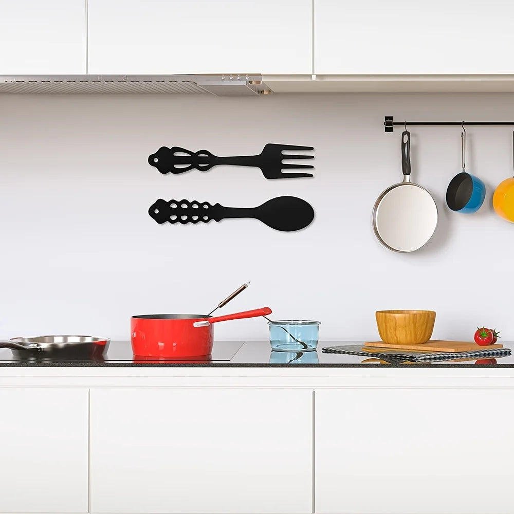 2 piezas de letreros de metal con forma de tenedor y cuchara negros, decoración rústica grande para cocina, letrero de pared con forma de cuchara, decoración de pared de metal con forma de tenedor para colgar en la pared