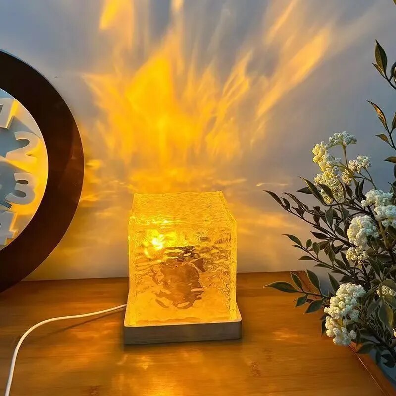 Proyector giratorio dinámico, luz nocturna de cristal, proyección de ondas de agua, llama, decoración de dormitorio para mesita de noche, regalo de cumpleaños y vacaciones