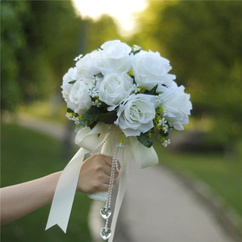 Ramo de novia para dama de honor, flores de seda blancas, rosas artificiales, ramo de novia, accesorios de boda