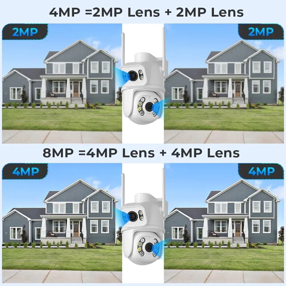 8MP 4K WIFI IP Camera Dual Lens PTZ Surveillance Camera Outdoor Waterproof  Security Portection IR Color Night Vision Smart Home