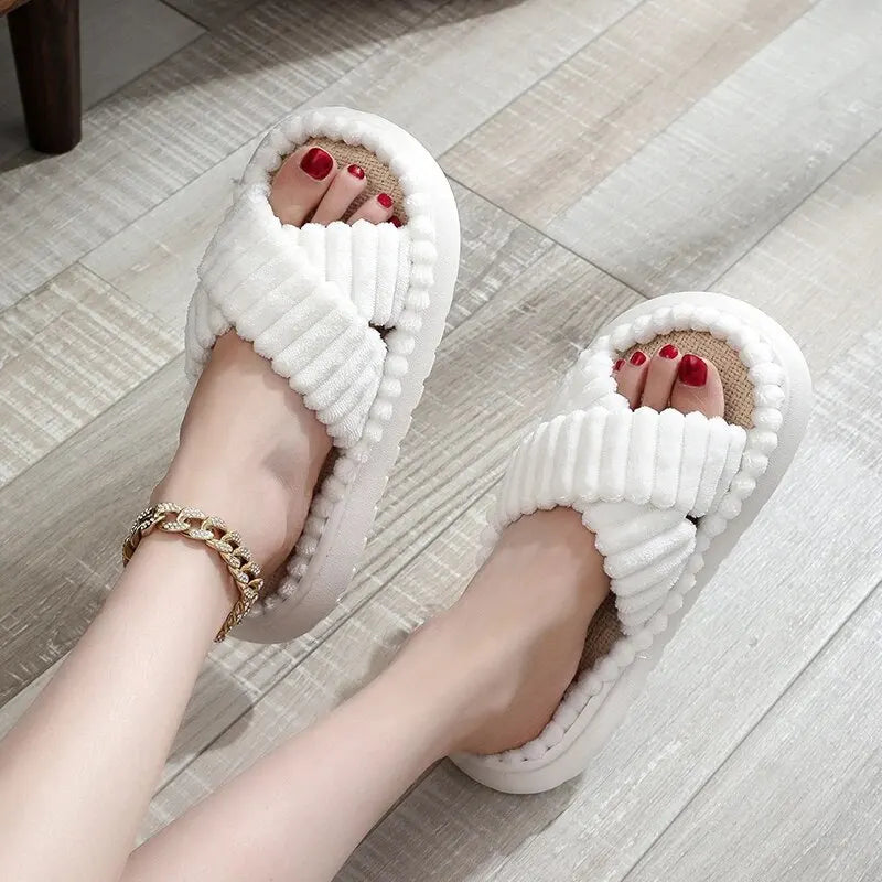 Women Spring Autumn Home Slippers Open-Toe Cross Band Linen Soled Indoor Slides Linen Soled Non-Slip Bathroom Slippers