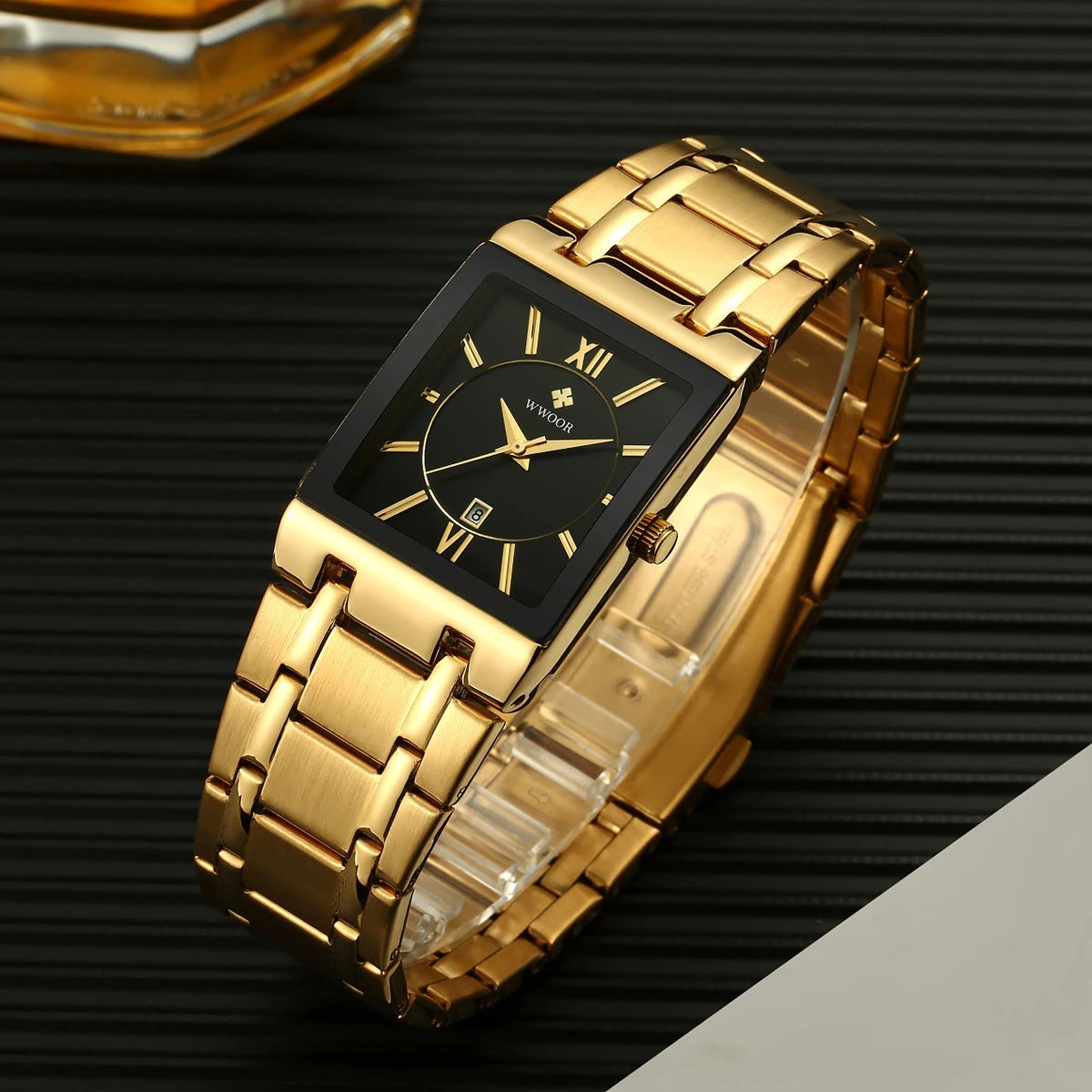 Reloj Masculino WWOOR, reloj dorado cuadrado para hombre, relojes de marca superior de lujo, reloj de pulsera resistente al agua de acero inoxidable de cuarzo dorado