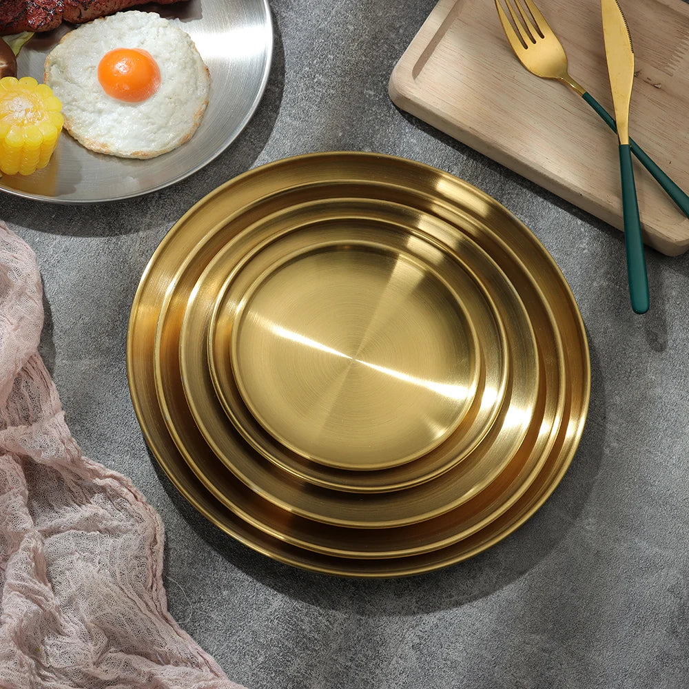 Stainless Steel Plate Set, 2 Pieces, Easy to Clean, Luxury Metal Round Serving Tray