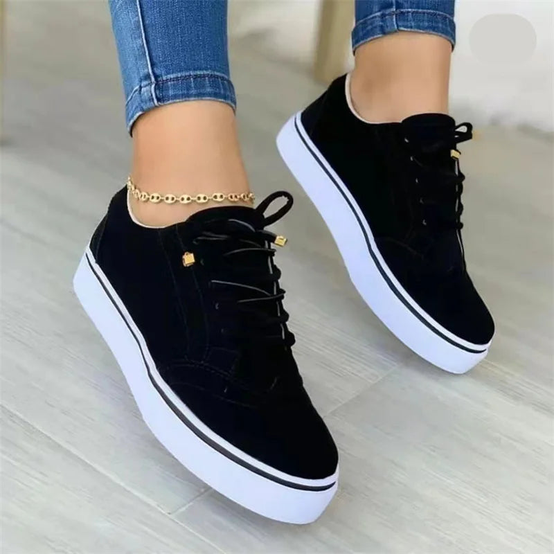 2023 New Women's Low-top Vulcanized Shoes Round Toe Casual Shoes Flat Shoes Lace-up Walking Shoes Women Versatile Comfortable