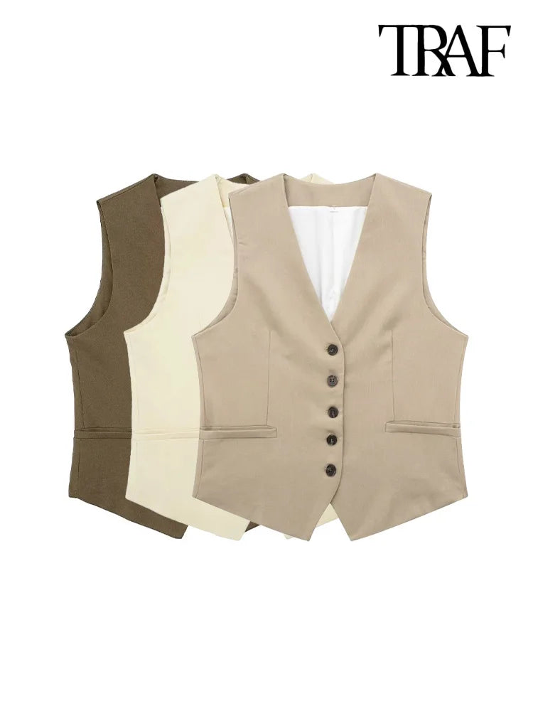 TRAF Women Fashion Front Button Linen Waistcoat Vintage V Neck Sleeveless Female Outerwear Chic Vest Tops