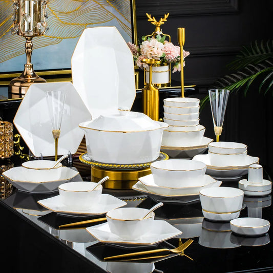 Ensemble de vaisselle de luxe européen 66 pièces en porcelaine anglaise, bol, cuillère et baguettes, assiettes de table, plats de cuisine, accessoires de cuisine