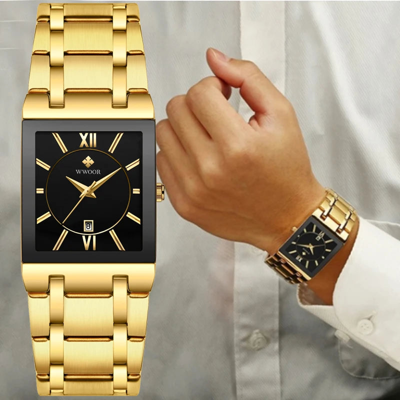 Reloj Masculino WWOOR, reloj dorado cuadrado para hombre, relojes de marca superior de lujo, reloj de pulsera resistente al agua de acero inoxidable de cuarzo dorado