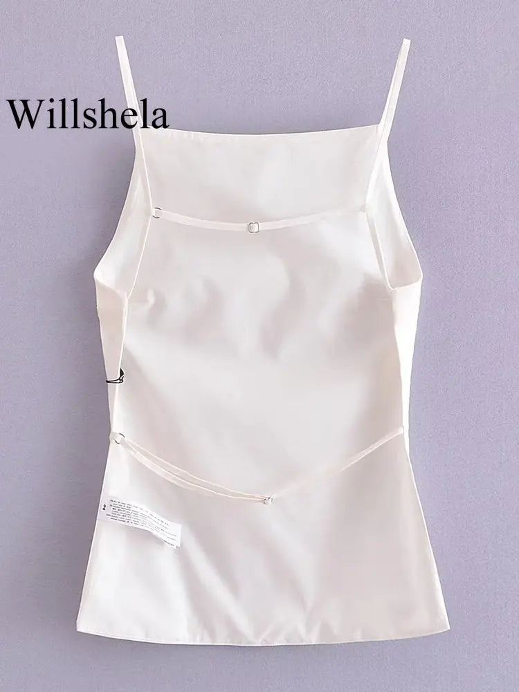 Willshela-camisola lisa con encaje y espalda al aire para mujer, Tops Vintage con tirantes finos y cuello cuadrado, Tops elegantes para mujer