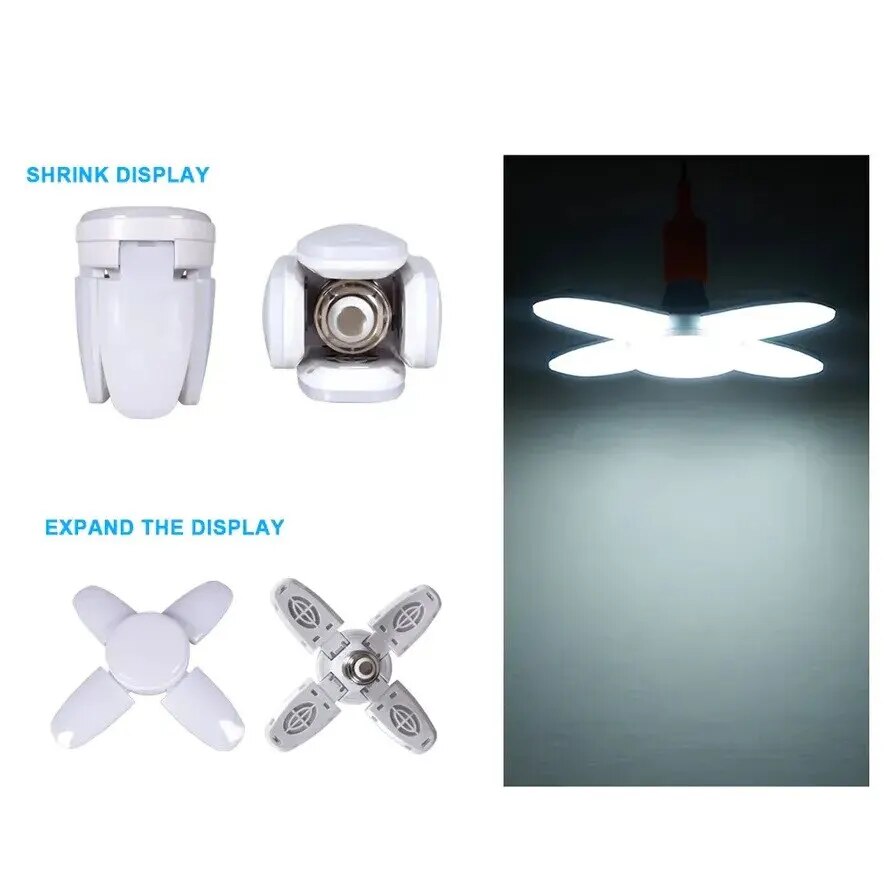 Lámpara LED plegable E27, luz de tres hojas, alto brillo, Mini bombilla plegable Deformable, ventilador de presión ancha de 28W, garaje para taller