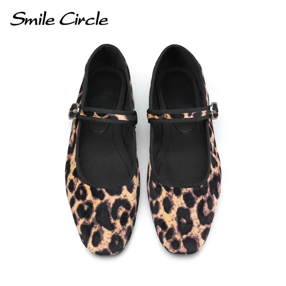 Smile Circle Velvet Mary Jane Ballet Flats Zapatos de mujer con estampado de leopardo cómodos y suaves zapatos planos con punta redonda para mujer