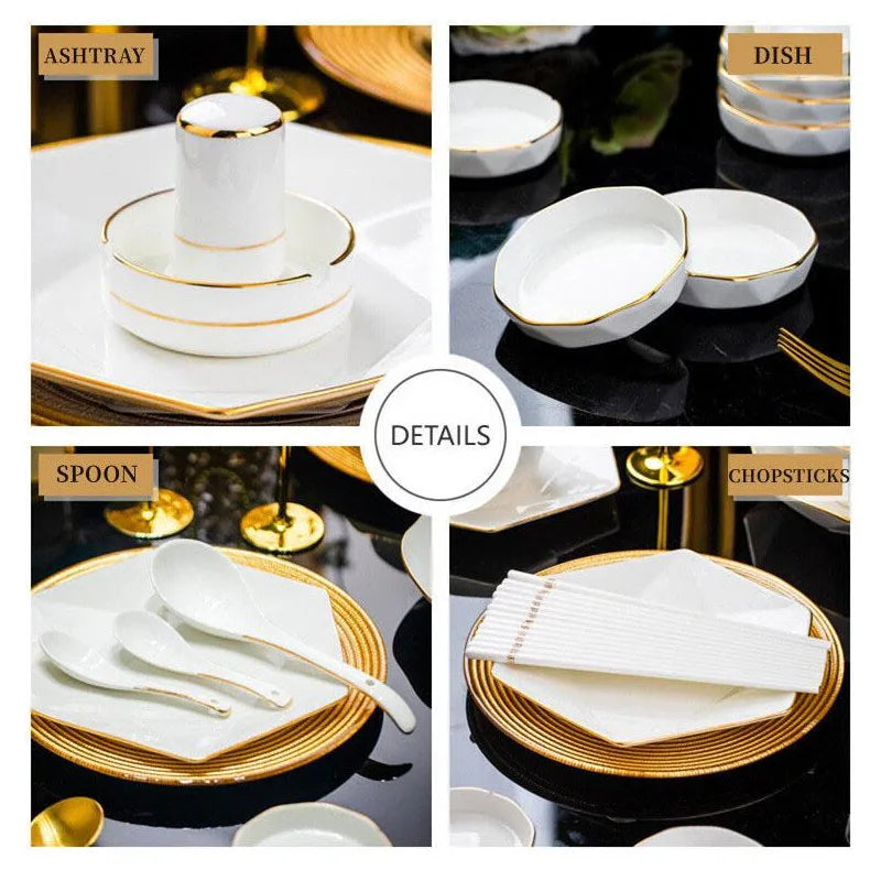 66 Pcs European Luxury Tableware Set Bone China Bowl Spoon And Chopsticks Set Table Plates Kitchen Dishes Kitchen Accessories