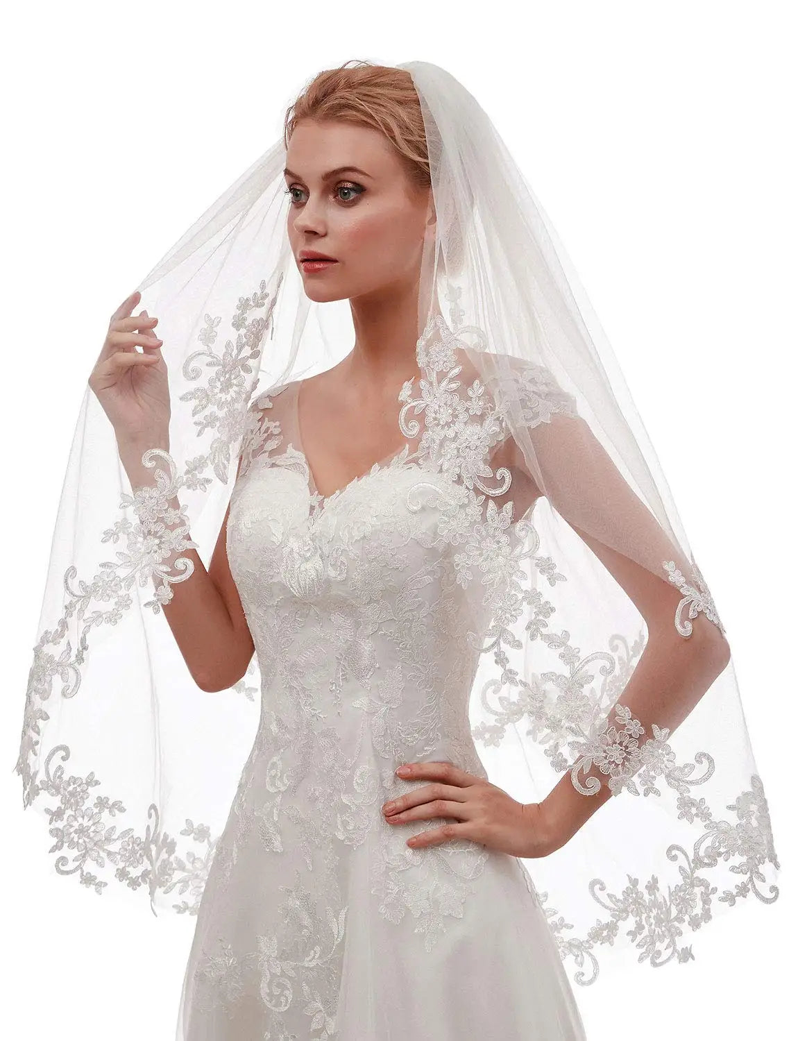 Women's Short 2 Tier Lace Wedding Bridal Veil With Comb