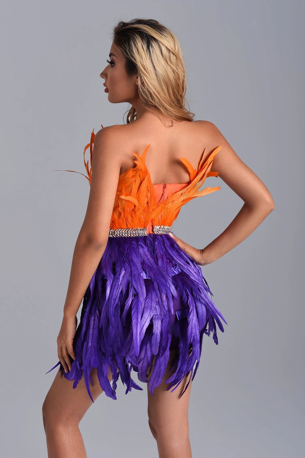 Robe fourreau en maille de couleur contrastée avec plumes et diamants