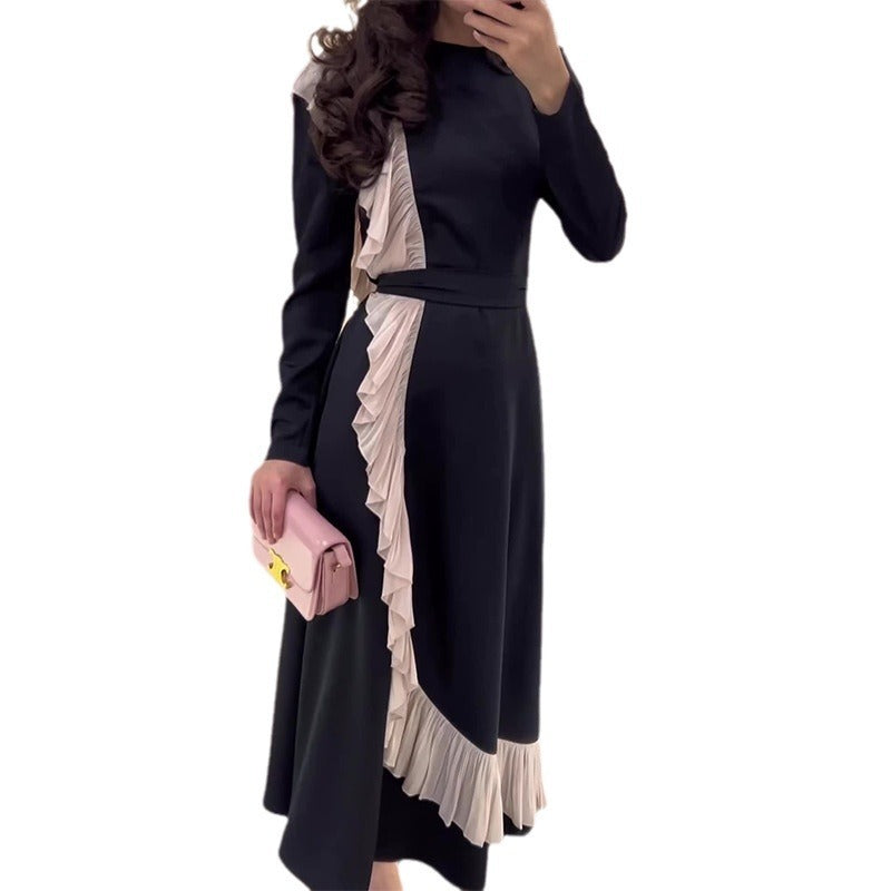 Autumn Contrast Color Lace Stitching Elegant Fashion Long Sleeve Dress