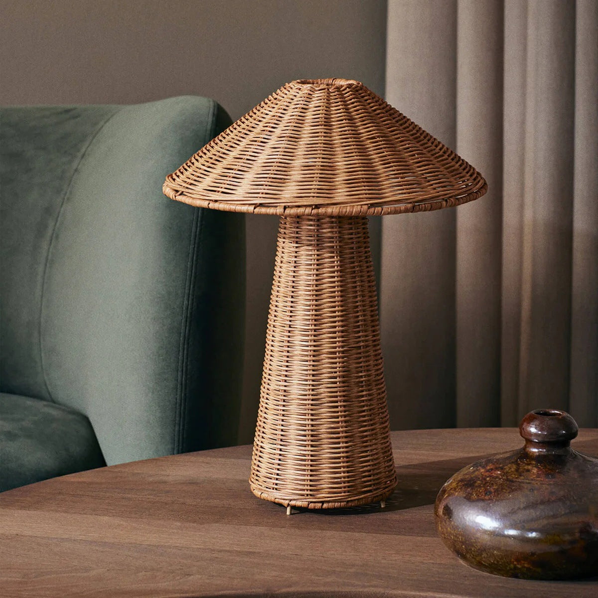 Vintage Rattan Handmade Mushroom Shape Table Lamp Study And Bedroom