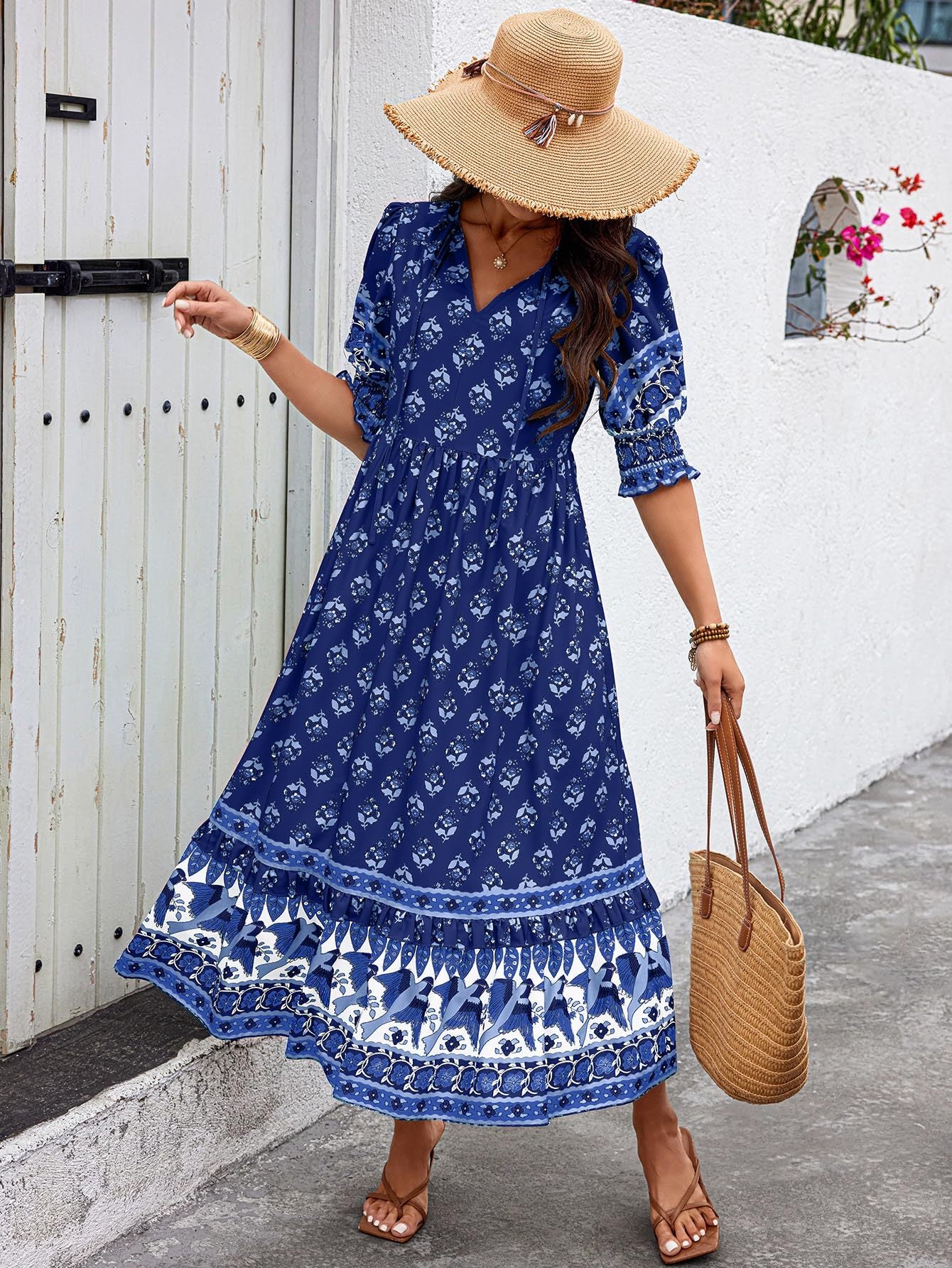 V-neck Printed Lantern Sleeve High Waist Big Swing Dress