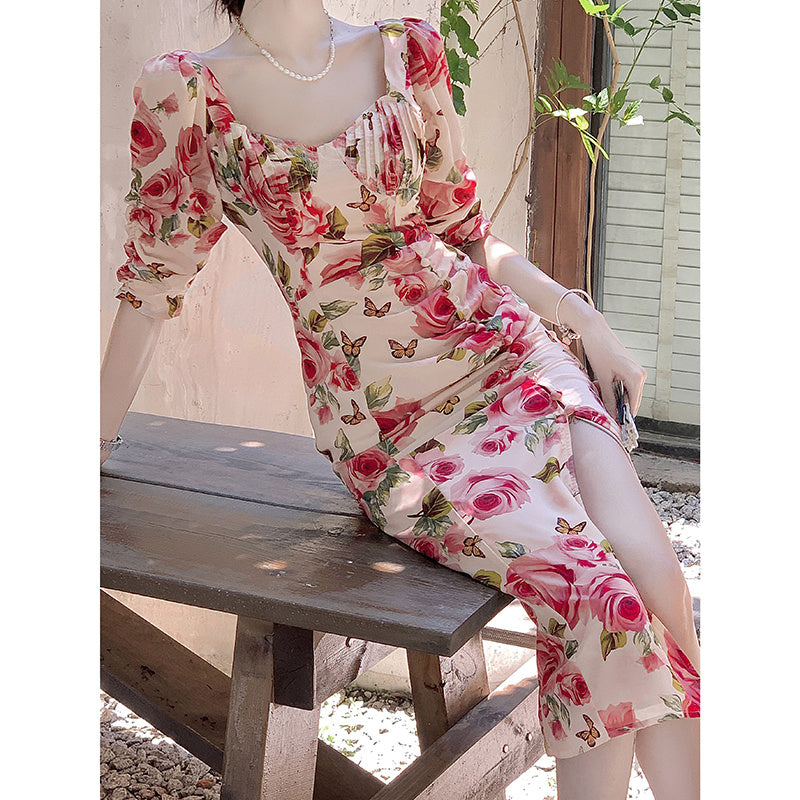 High-end Elegant Retro Rose Floral Dress Women's Clothing