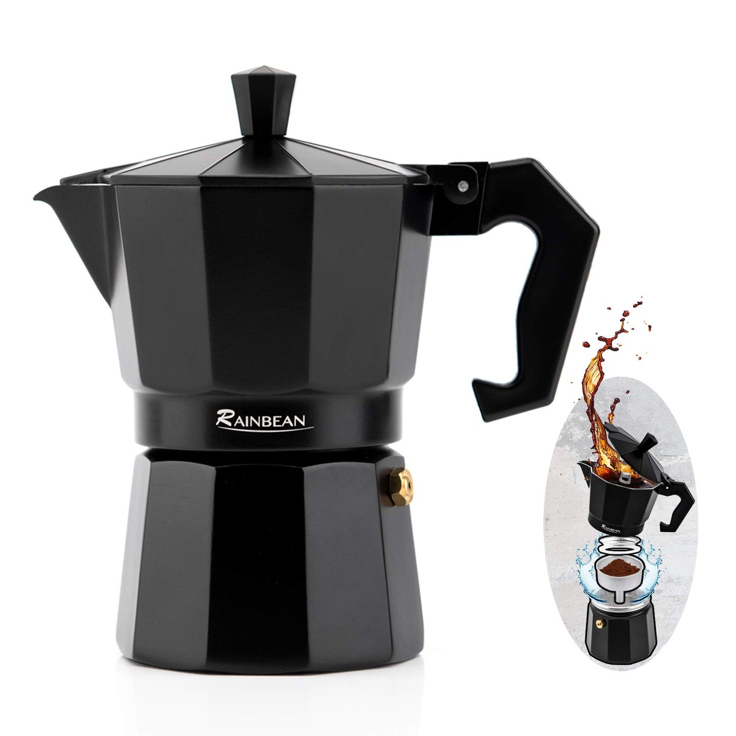 Cafetera espresso para estufa Taza de espresso Moka Pot Cafetera clásica Cafetera percoladora Espresso italiano para gas o eléctrico Aluminio Negro Paquete de regalo con 2 tazas Plataforma Amazon prohibida