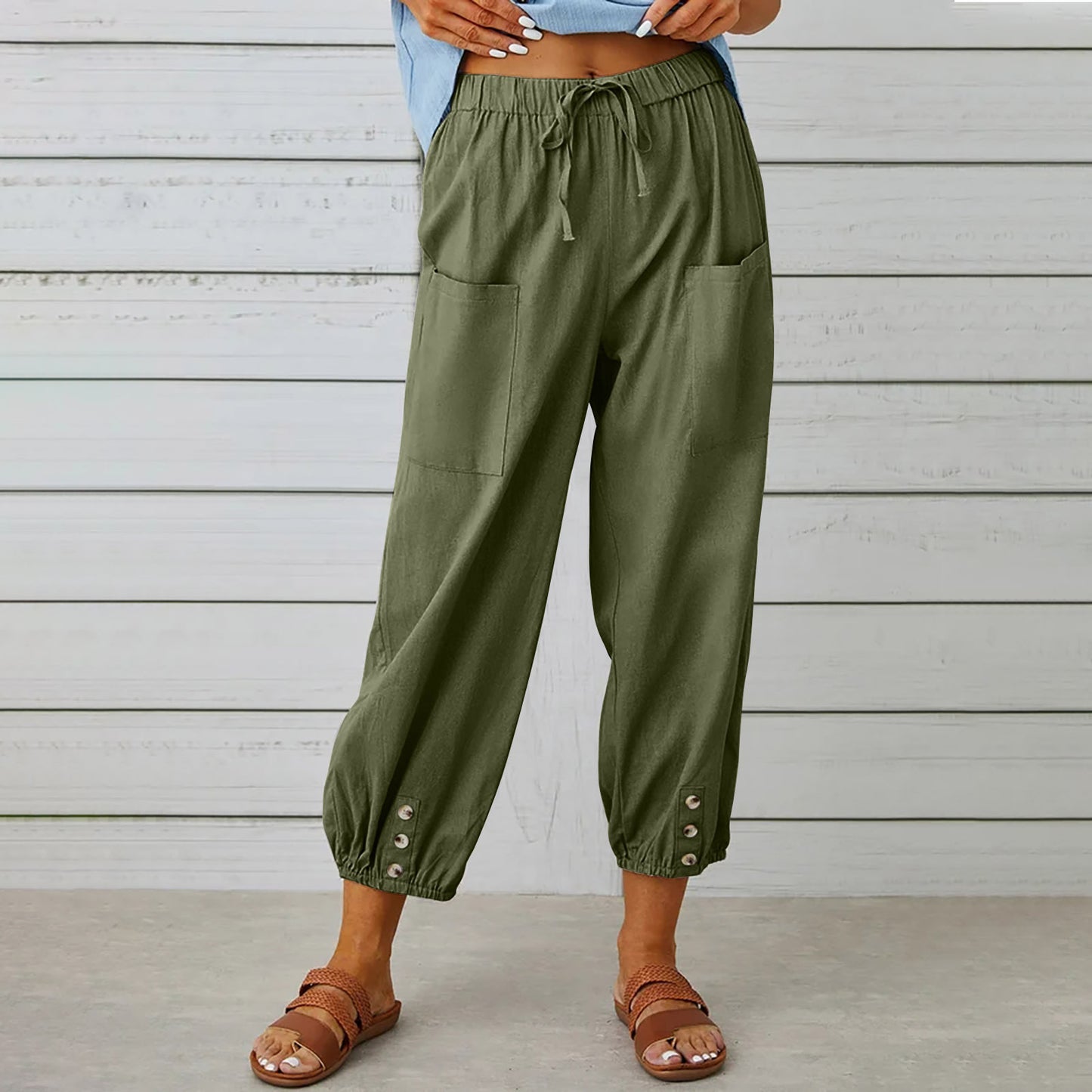 Pantalones con cordón y lazo para mujer, pantalones de algodón y lino para primavera y verano con botones y bolsillos