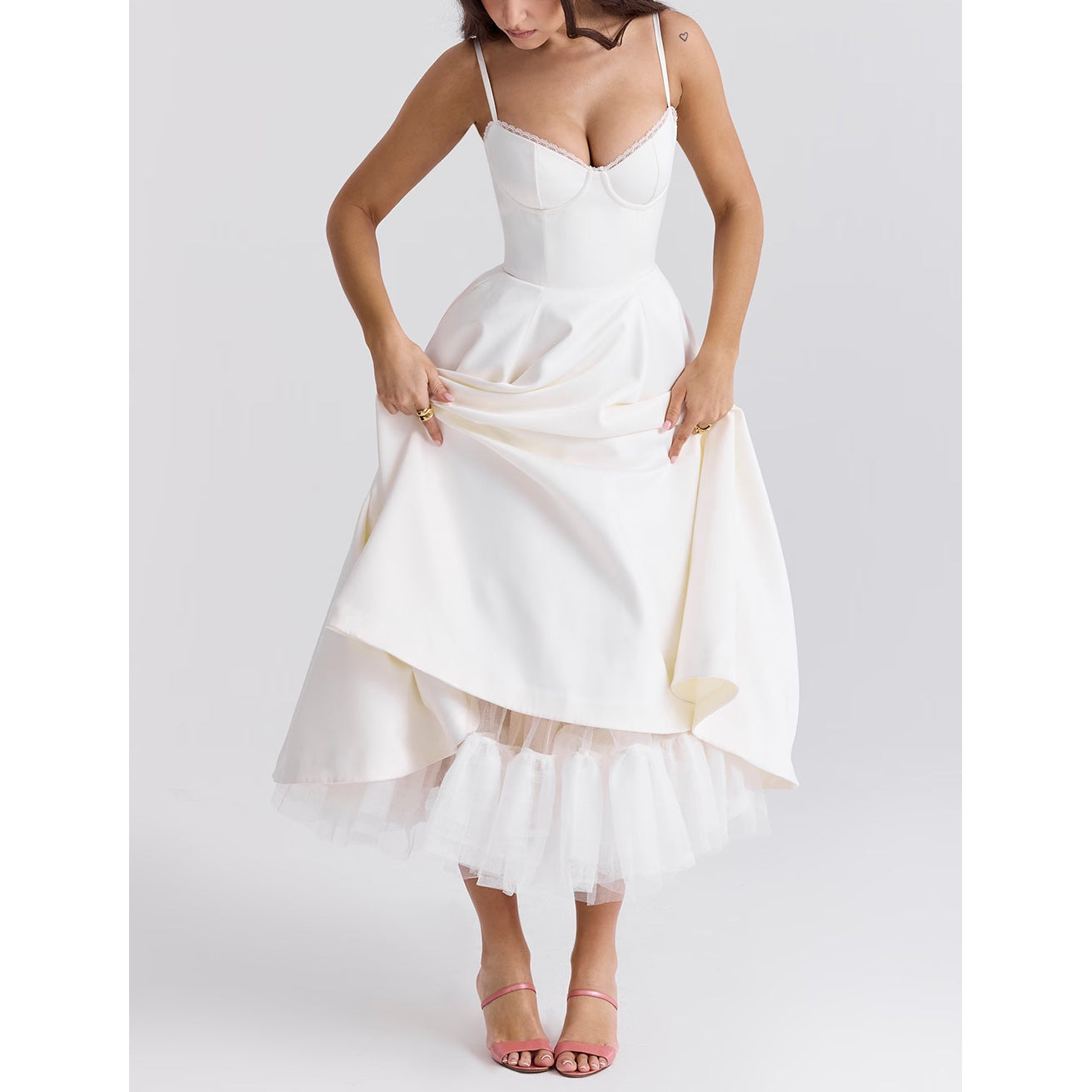 Robe longue bouffante sans manches à col en v pour femmes