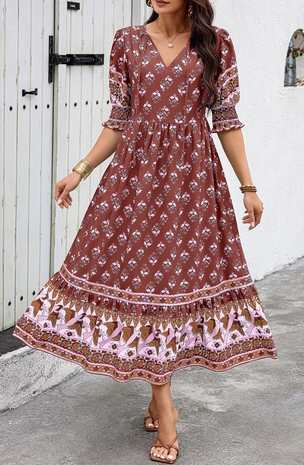 V-neck Printed Lantern Sleeve High Waist Big Swing Dress