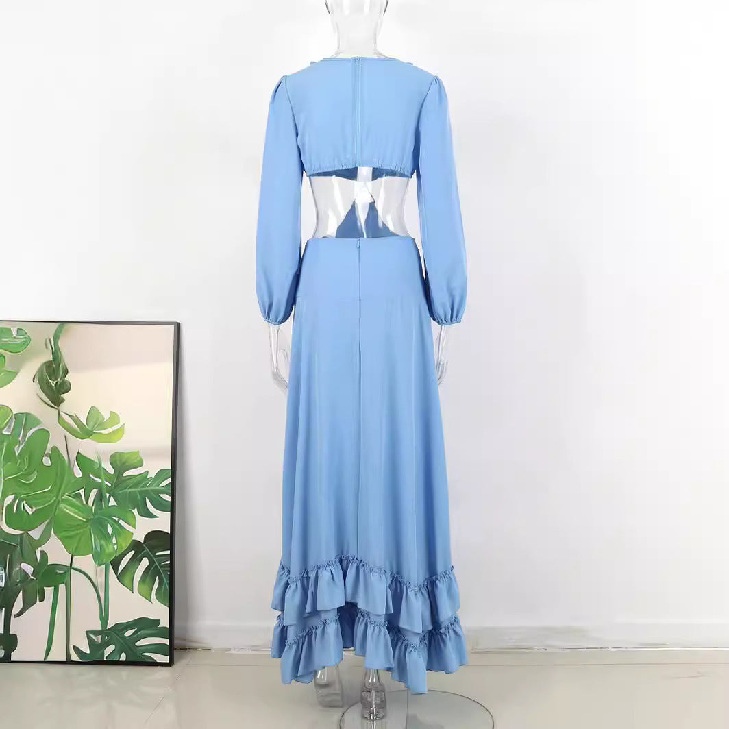 Vestido largo de manga larga para mujer con escote en V profundo y azul puro