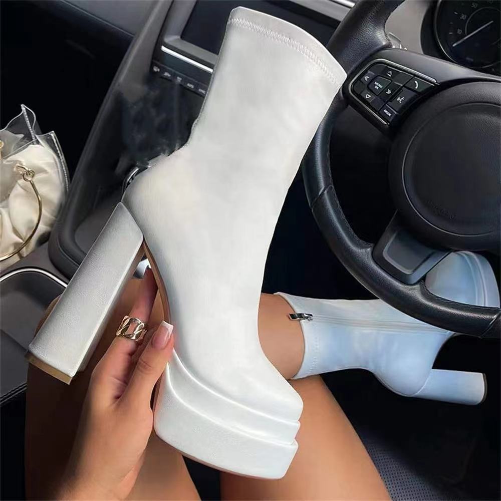 Double Waterproof Leather Super High Chunky Heel Short Women's Boots Square Toe Women's Boots