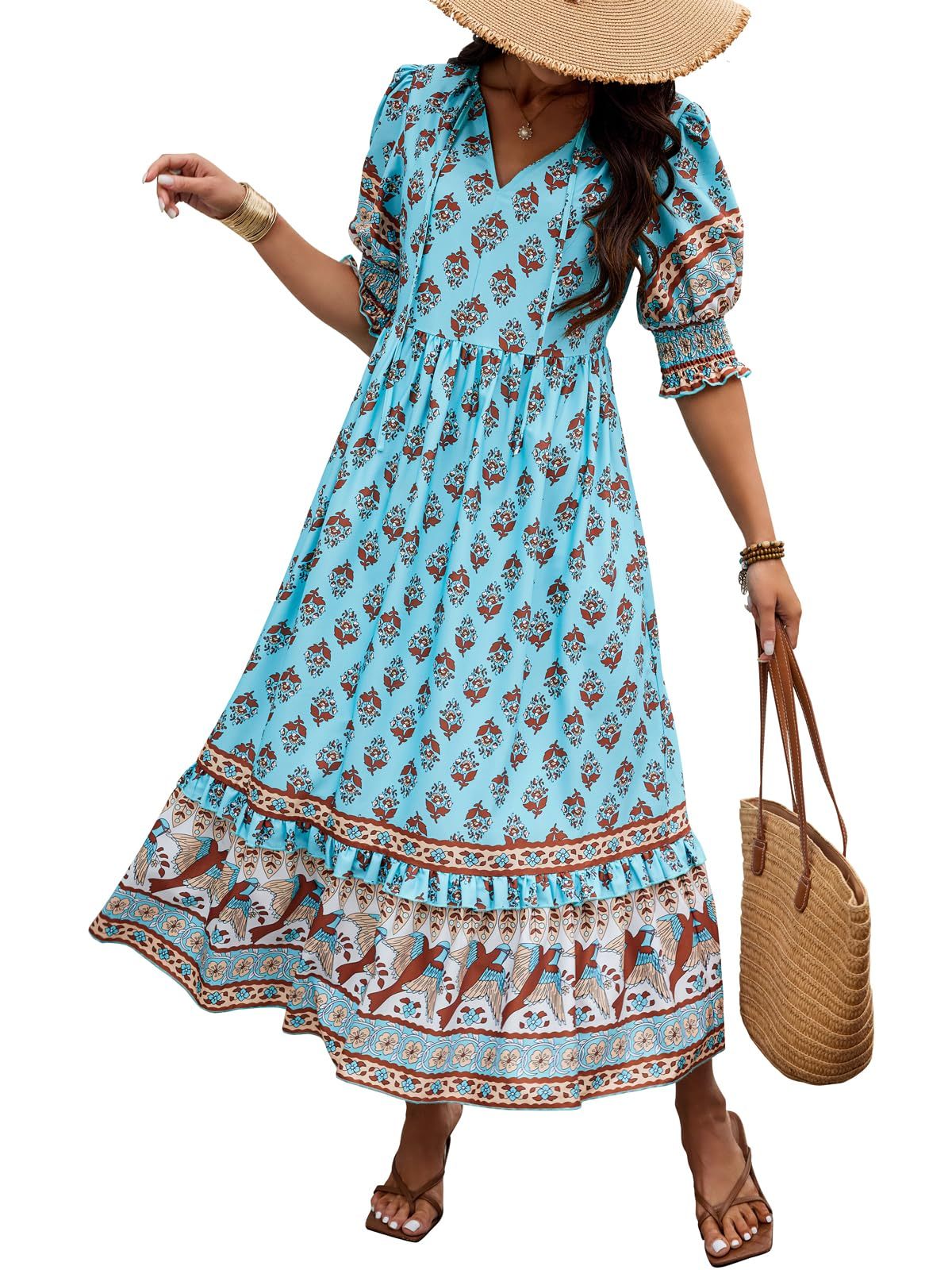 V-neck Printed Lantern Sleeve High Waist Big Swing Dress