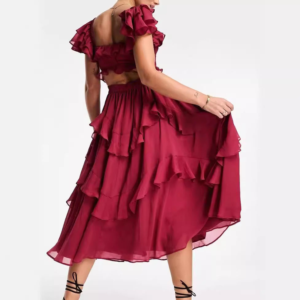 Vestido de manga corta con volantes para vacaciones de verano, vestidos largos con cuello cuadrado y espalda descubierta a la moda para fiesta, ropa para mujer