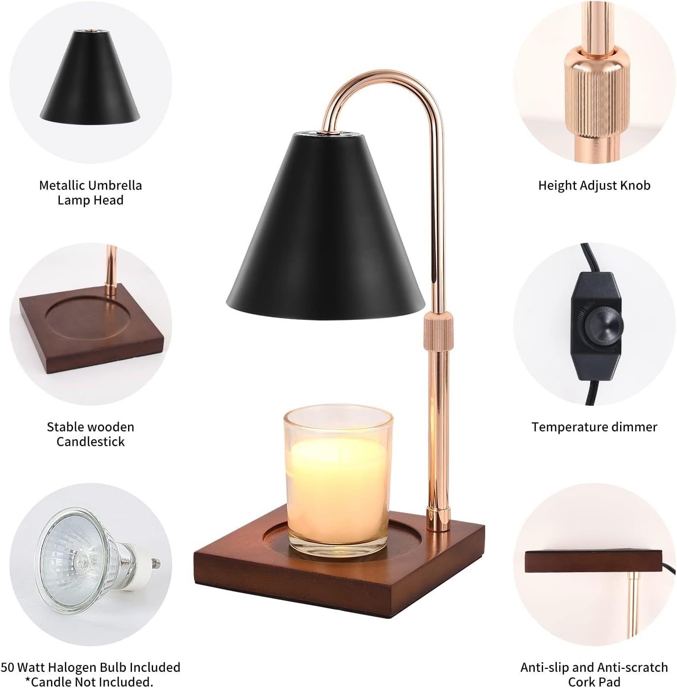 Lampe chauffe-bougie avec minuterie, variateur de hauteur réglable, base en bois, chauffe-cire électrique de haut en bas pour bougies en pot, décoration de chambre à coucher, cadeau de pendaison de crémaillère, cadeaux de fête des mères pour maman