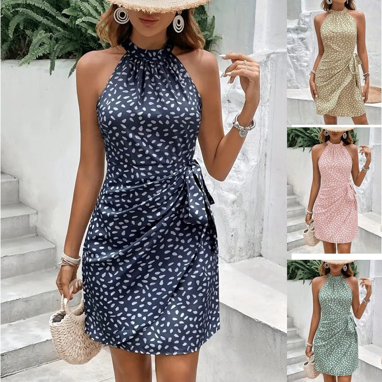 Vestido estampado con cuello halter de verano y diseño de cintura atada Vestido con temperamento de puntos temblorosos para mujer