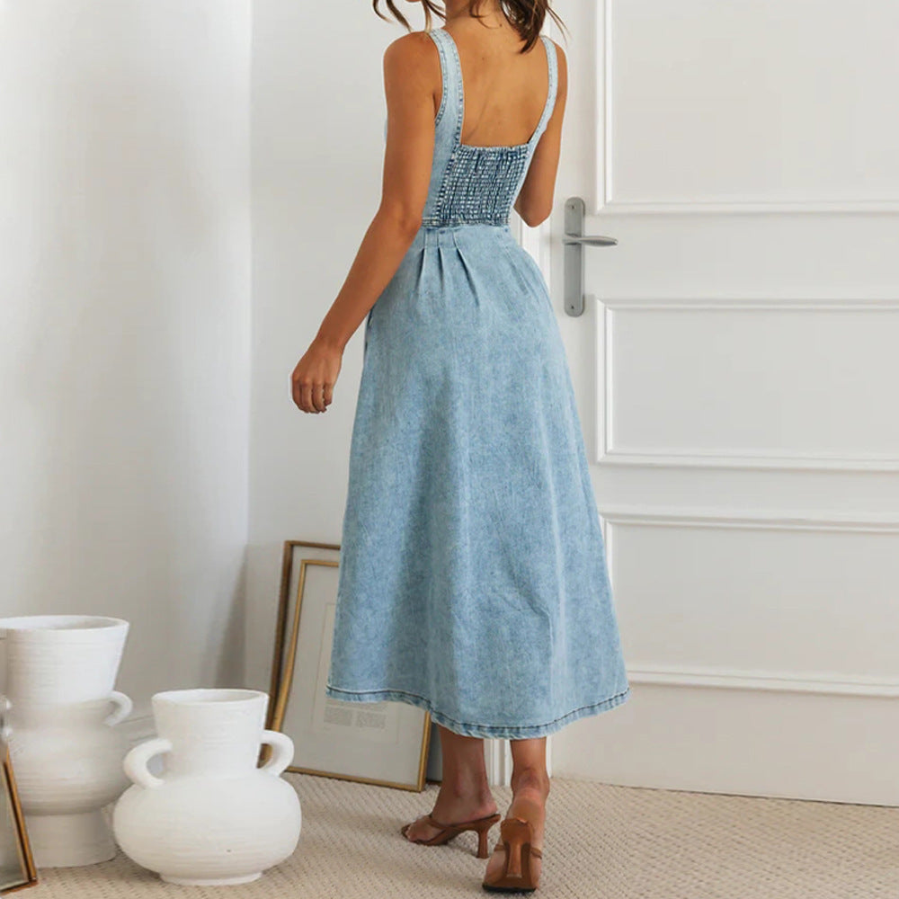 Robe midi en jean à bretelles et boucles pour femmes