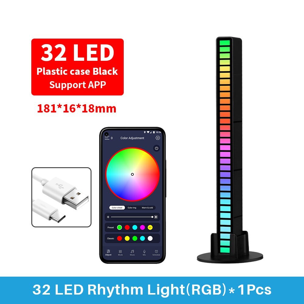 RGB Lamp 32LED Strip Lights Pickup Light Sound Control Lamp Ambient Light Smart APP Control Music Rhythm For Game Desktop Light