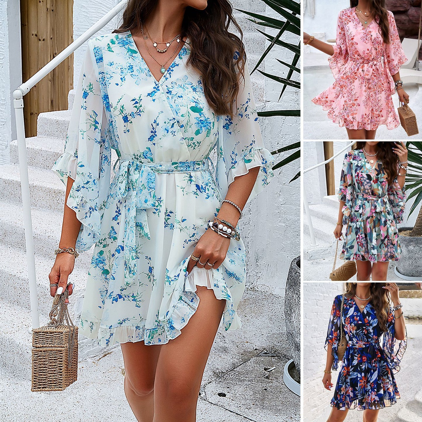 Vestido de manga corta con estampado floral de verano con cordones Diseño de volantes Vestidos cortos con cuello en V a la moda Ropa para mujer