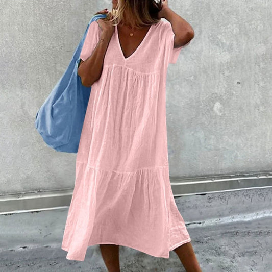 Vestido midi de algodón y lino con cuello redondo y manga corta