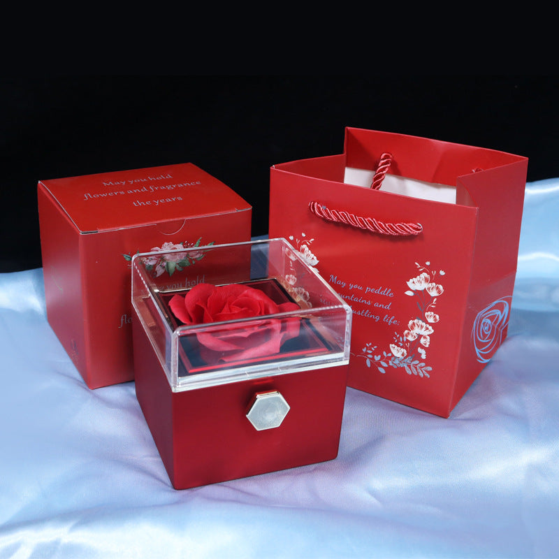 Caja de regalo giratoria con forma de rosa y flor de jabón, caja de embalaje de joyería con forma de rosa giratoria creativa, regalo del Día de San Valentín para mujer