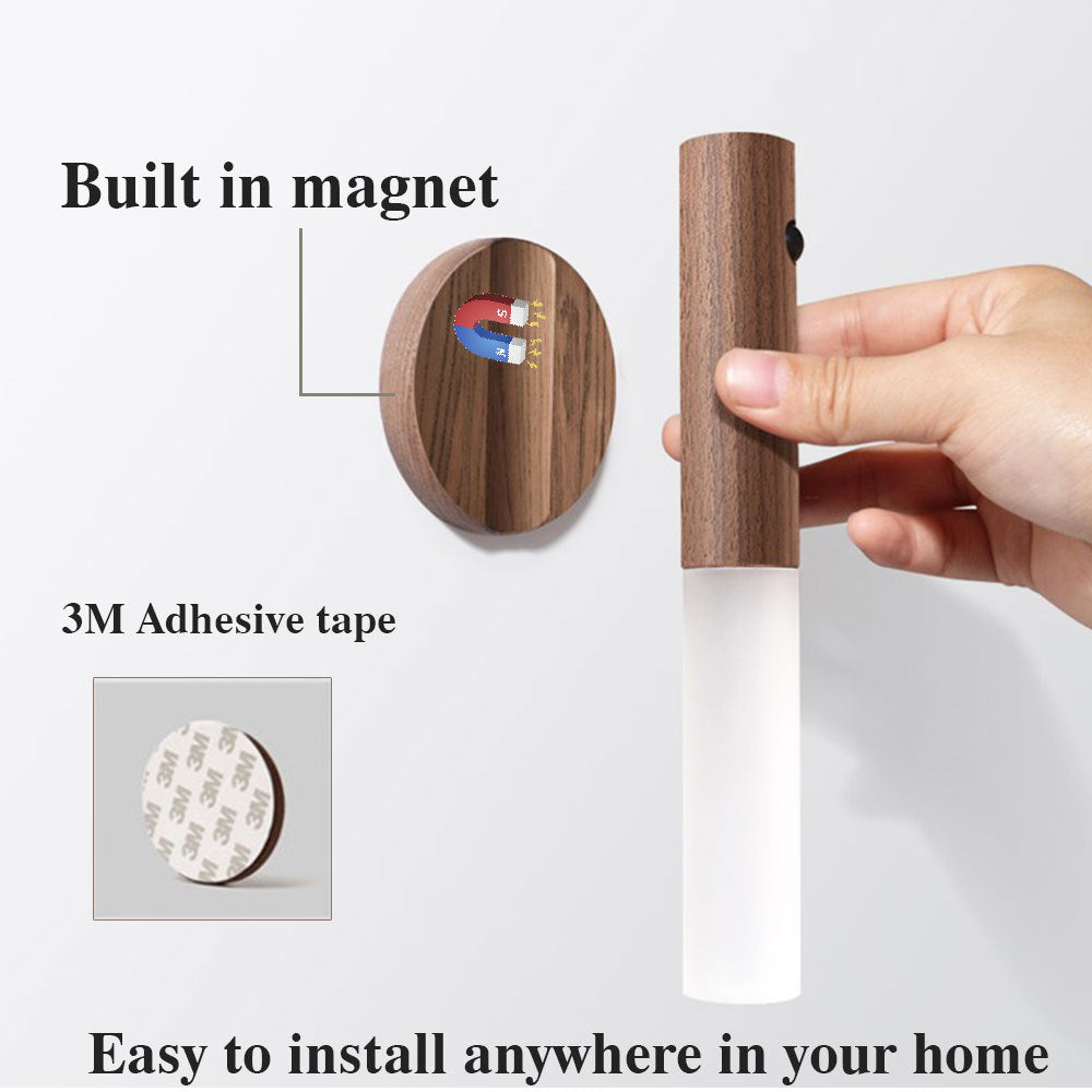 Lampe LED USB magnétique sans fil en bois pour couloirs, porches, détecteur de mouvement PIR, lampe murale pour armoire