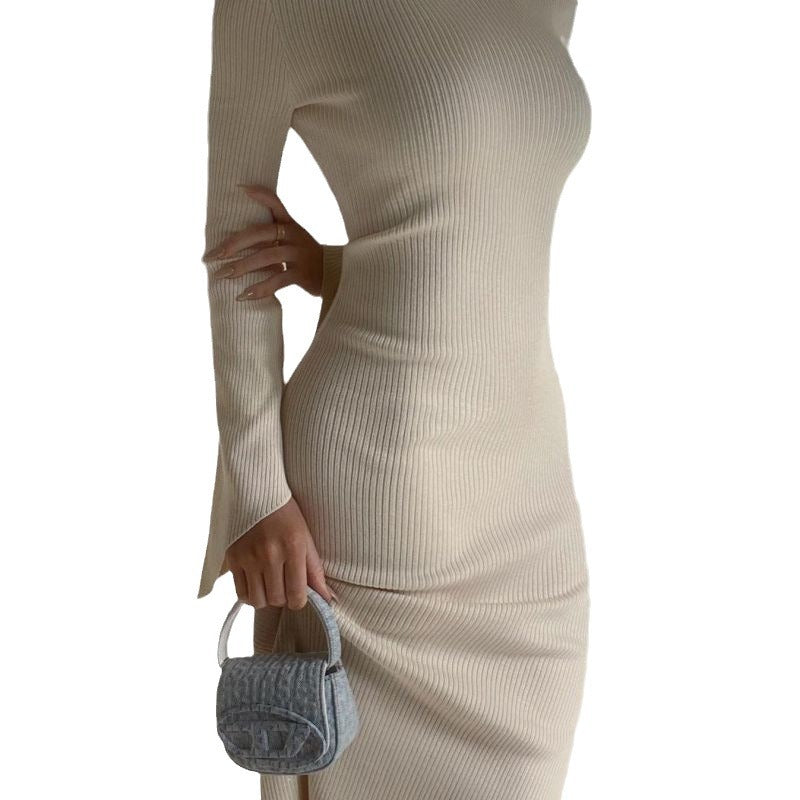 Autumn And Winter Long Sleeve Knitted European And American Fashion Backless Round Neck Dress