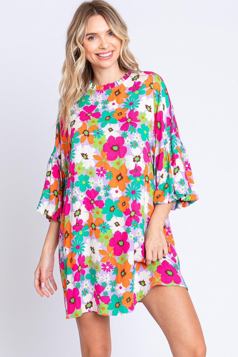 GeeGee Mini-robe florale pleine taille à col rond et manches lanternes