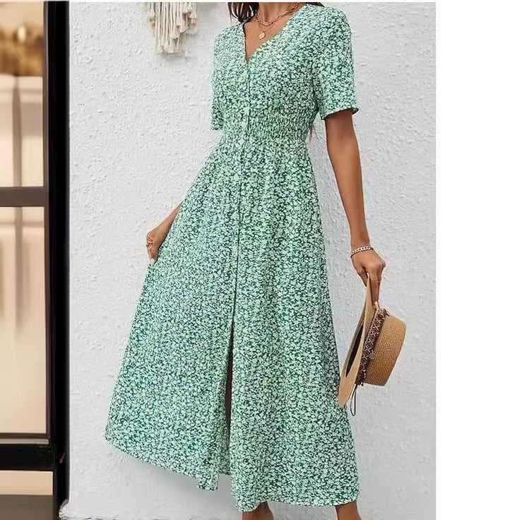 Vestido dividido de manga corta estampado con cuello en V nuevo de verano para mujer