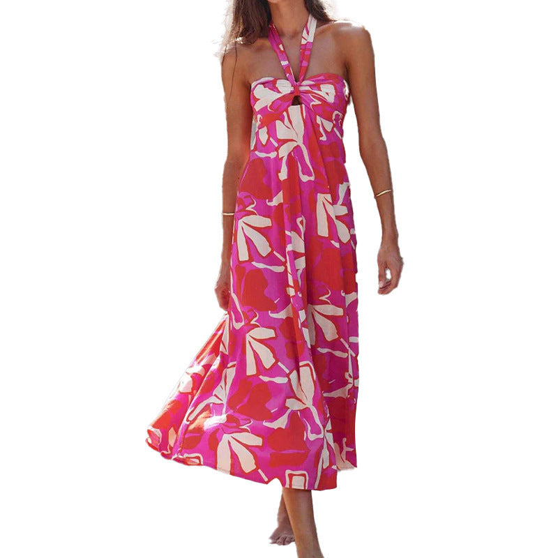 Robe mi-longue plissée sans manches pour femmes, imprimé Floral, ajouré, col licou, décontracté