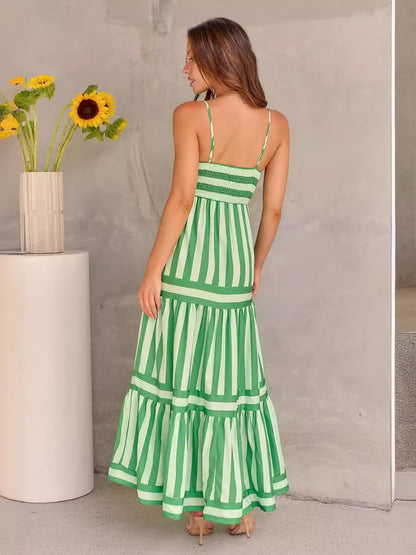 Vestido largo con tirantes estampado a rayas y bolsillos para mujer, vestidos con espalda descubierta y cuello cuadrado a la moda para vacaciones en la playa, ropa de verano